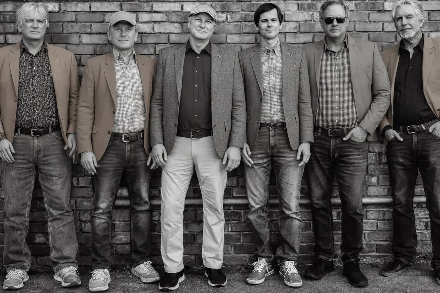 The six members of Tetris Lounge in sport coats against a brick wall